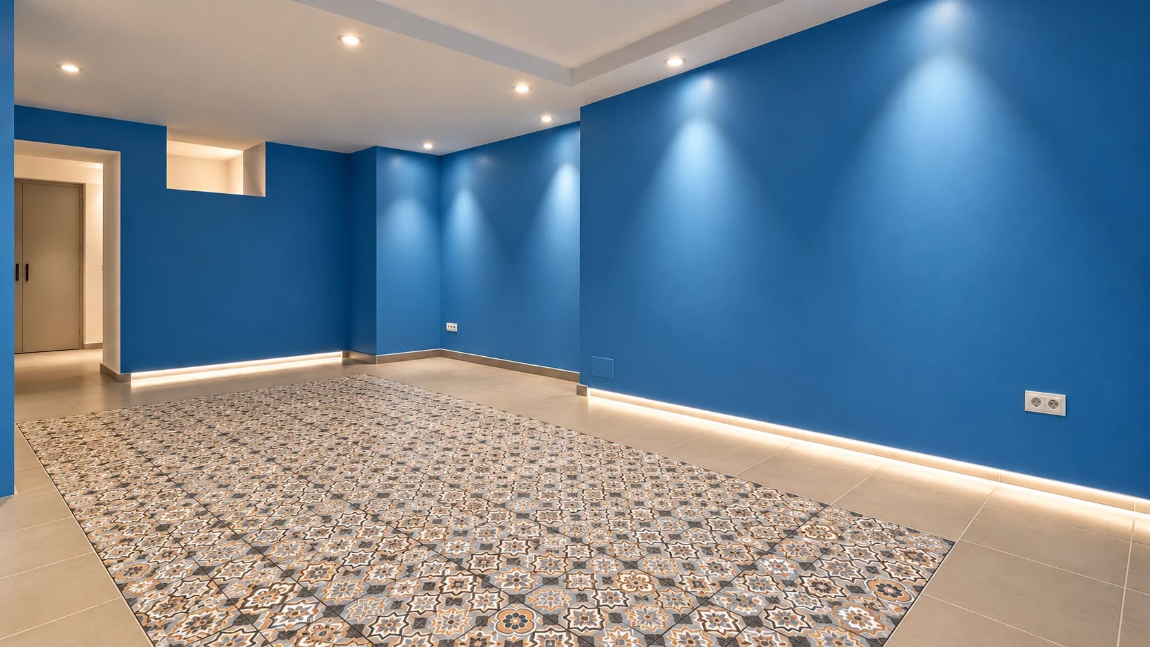 Estancia con paredes azules, iluminación perimetral y suelo de dibujo geométrico